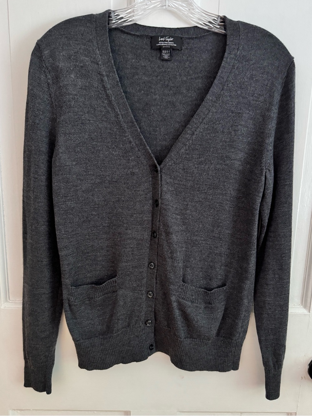 Lord & Taylor Extra Fine Merino Wool Cardigan Gray Knit Sweater Petite Medium PM